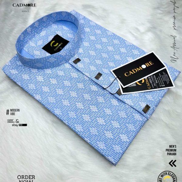 White Print Sky Blue Panjabi cod-P01